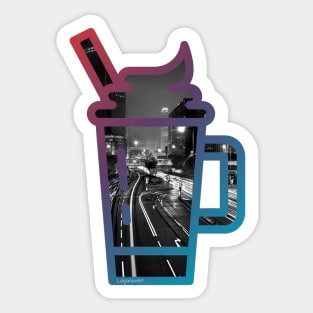 Iced frappe coffee busy cityscape road Sticker